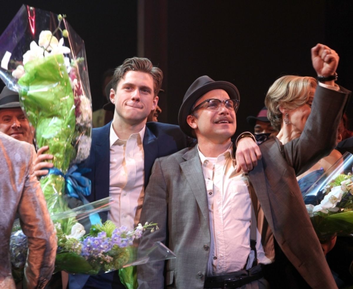Aaron Tveit & Norbert Leo Butz during the Broadway Opening Night Curtain Call for 'Catch Me If You Can' in New York City. at 
