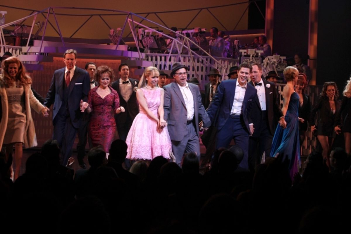 Rachell Rak, Nick Wyman, Linda Hart, Kerry Butler, Norbert Leo Butz, Aaron Tveit, Tom Wopat, Rachel de Benedet & Lisa Gajda during the Broadway Opening Night Curtain Call for 'Catch Me If You Can' in New York City. at 
