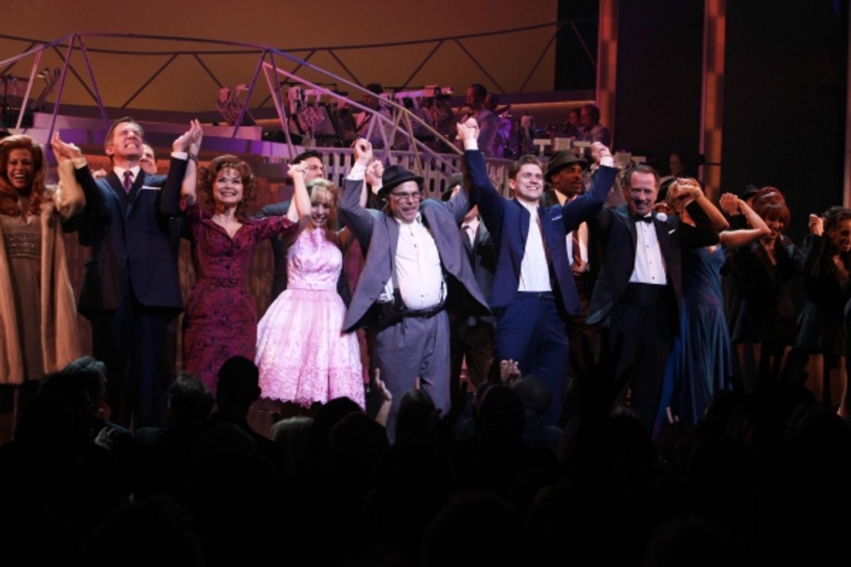 Rachell Rak, Nick Wyman, Linda Hart, Kerry Butler, Norbert Leo Butz, Aaron Tveit, Tom Wopat, Rachel de Benedet & Lisa Gajda during the Broadway Opening Night Curtain Call for 'Catch Me If You Can' in New York City. at 