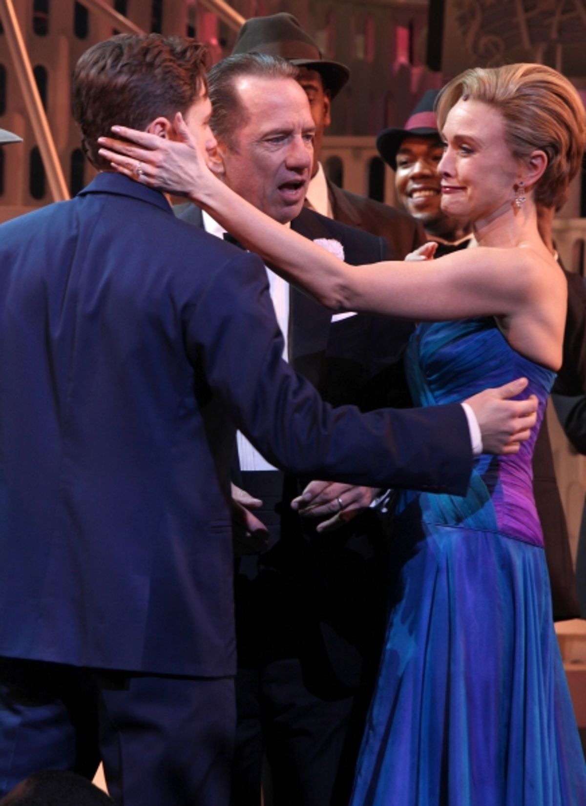Aaron Tveit & Tom Wopat & Rachel de Benedet during the Broadway Opening Night Curtain Call for 'Catch Me If You Can' in New York City. at 