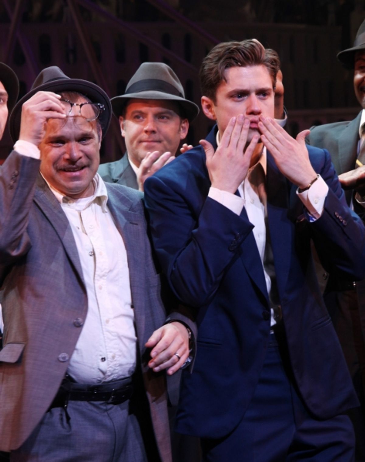 Norbet Leo Butz & Aaron Tveit during the Broadway Opening Night Curtain Call for 'Catch Me If You Can' in New York City. at 