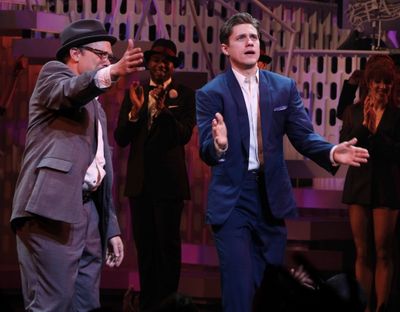 Norbet Leo Butz & Aaron Tveit during the Broadway Opening Night Curtain Call for 'Cat Photo