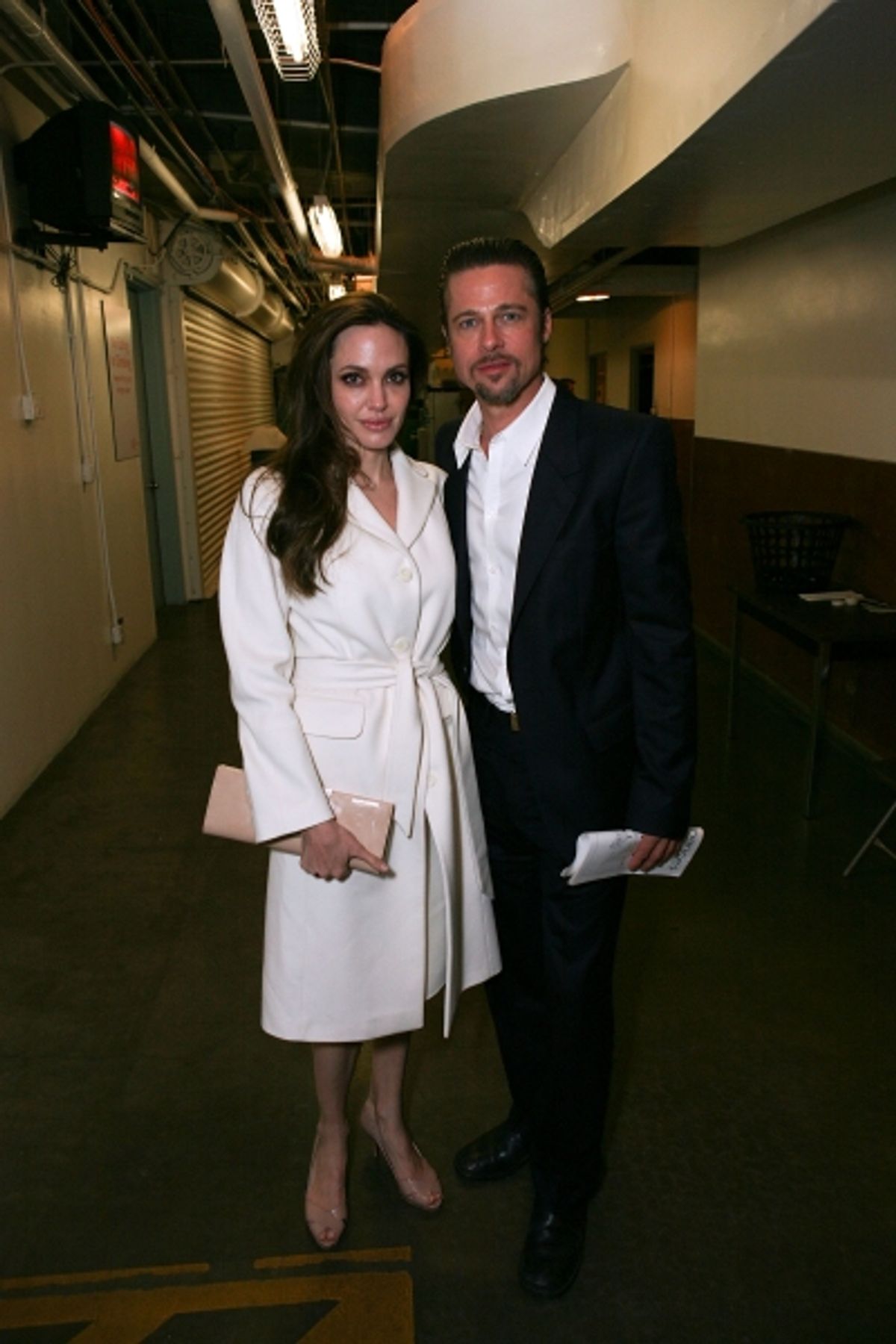 LOS ANGELES, CA - APRIL 13: Actors Angelina Jolie (L) and Brad Pitt (R) pose backstage after the opening night performance of 'God of Carnage' at Center Theatre Group's Ahmanson Theatre on April 13, 2011 in Los Angeles, California. (Photo by Ryan Miller/C at 