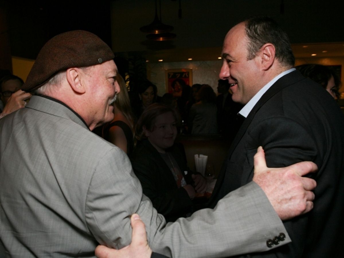 LOS ANGELES, CA - APRIL 13: Stacy Keach (L) and cast member James Gandolfini (R) greet at the party for the opening night performance of 'God of Carnage' at Center Theatre Group's Ahmanson Theatre on April 13, 2011 in Los Angeles, California. (Photo at 