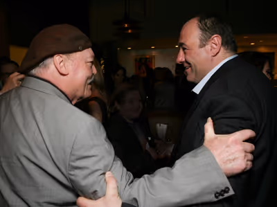 LOS ANGELES, CA - APRIL 13: Stacy Keach (L) and cast member James Gandolfini (R) gree Photo