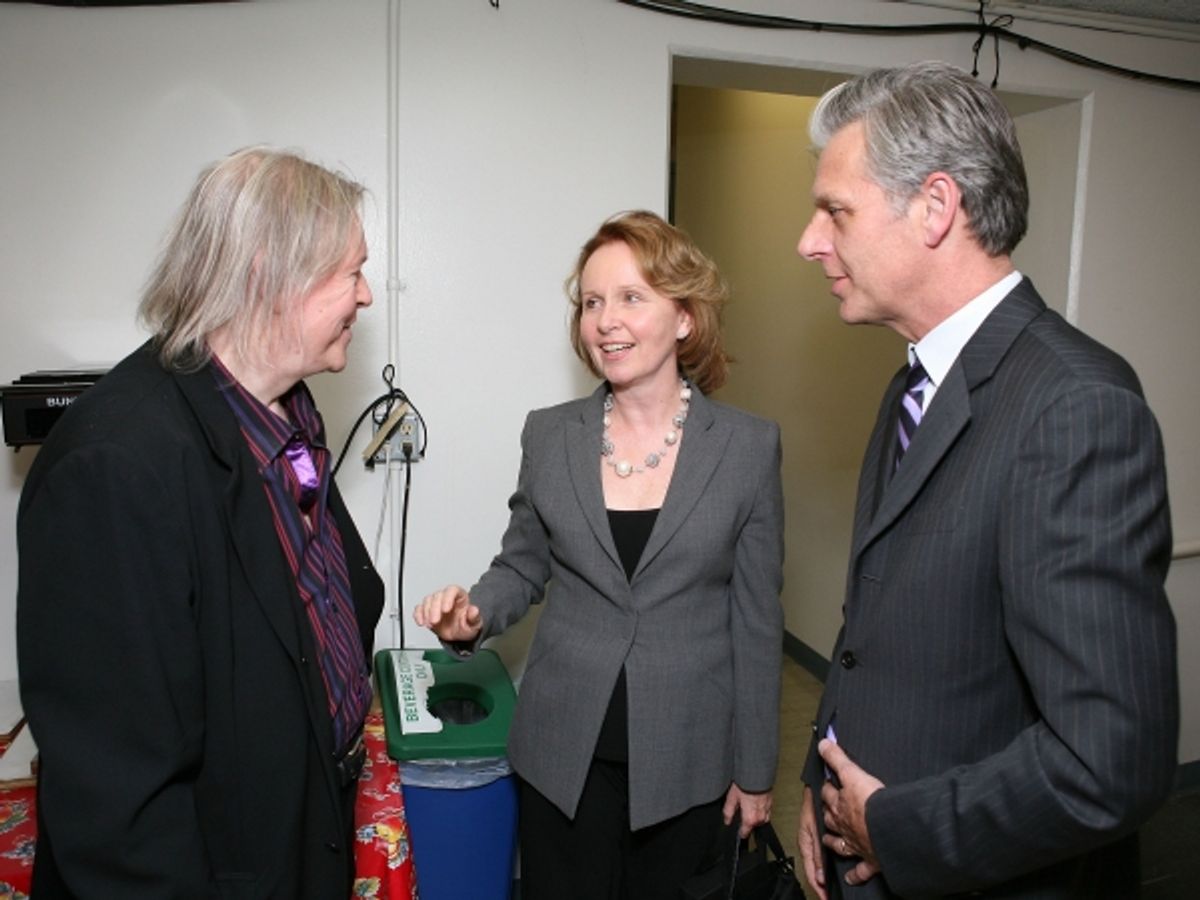 LOS ANGELES, CA - APRIL 13: (L-R) Translator Christopher Hampton, actress Kate Burton and CTG Artistic Director Michael Ritchie talk backstage after the opening night performance of 'God of Carnage' at Center Theatre Group's Ahmanson Theatre on April 13,  at 