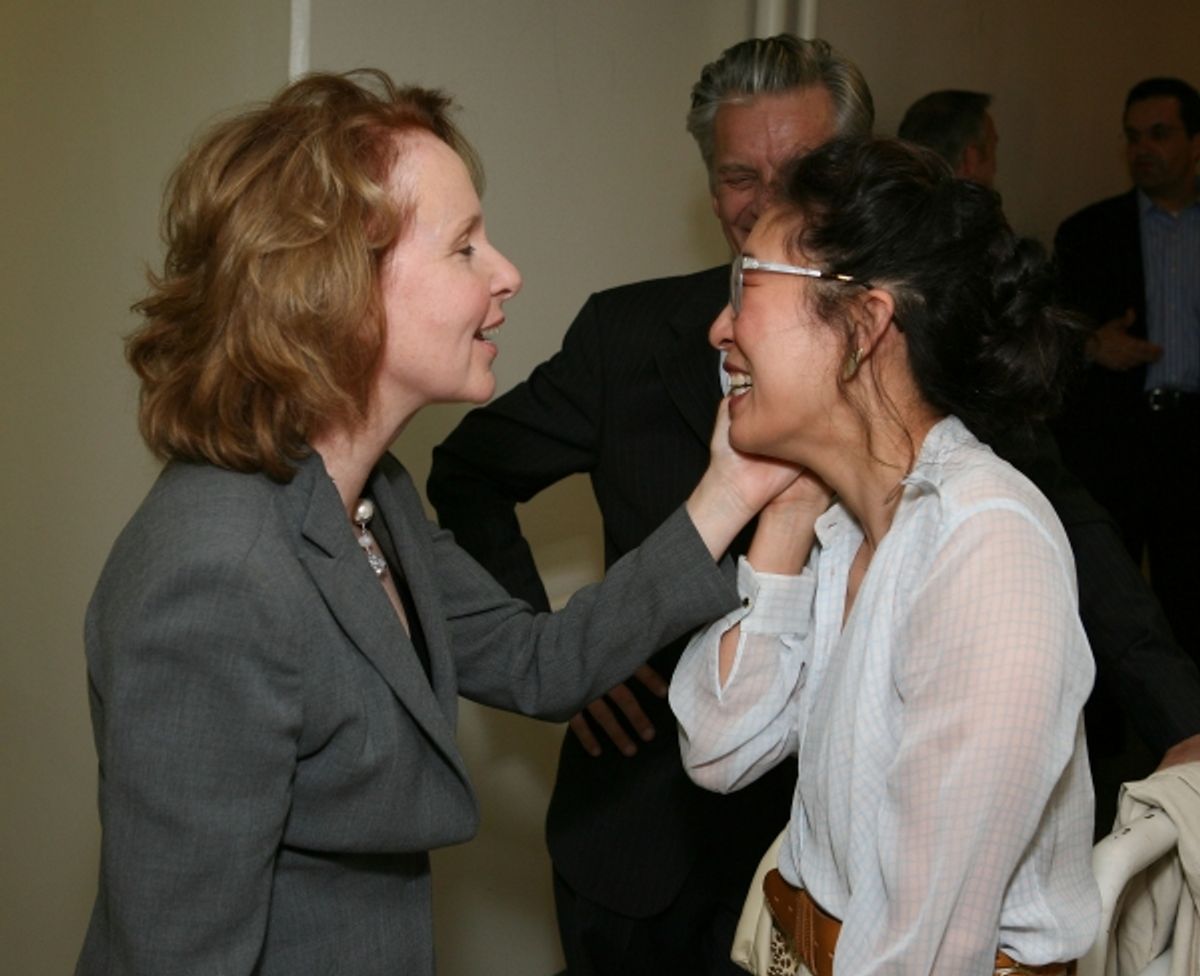 LOS ANGELES, CA - APRIL 13: Actors Kate Burton (L) and Sandra Oh (R) greet each other backstage after the opening night performance of 'God of Carnage' at Center Theatre Group's Ahmanson Theatre on April 13, 2011 in Los Angeles, California. (Photo by Ryan at 