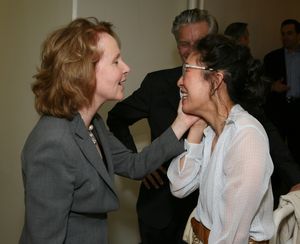 LOS ANGELES, CA - APRIL 13: Actors Kate Burton (L) and Sandra Oh (R) greet each other backstage after the opening night performance of "God of Carnage" at Center Theatre Group's Ahmanson Theatre on April 13, 2011 in Los Angeles, California. (Photo by Ryan @ BroadwayWorld LOS ANGELES, CA - APRIL 13: Actors Kate Burton (L) and Sandra Oh (R) greet each other Photo