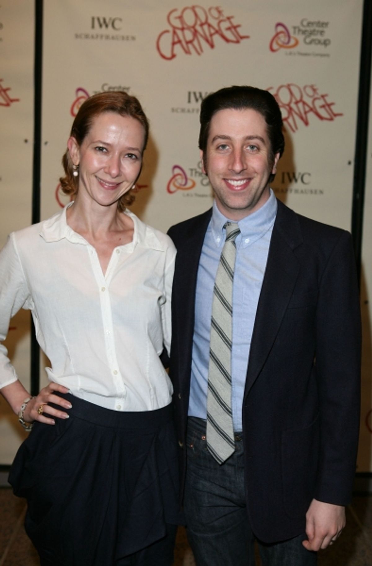 LOS ANGELES, CA - APRIL 13: Actors Jocelyn Towne (L) and Simon Helberg (R) pose during the arrivals for the opening night performance of 'God of Carnage' at Center Theatre Group's Ahmanson Theatre on April 13, 2011 in Los Angeles, California. (Photo by Ry at 