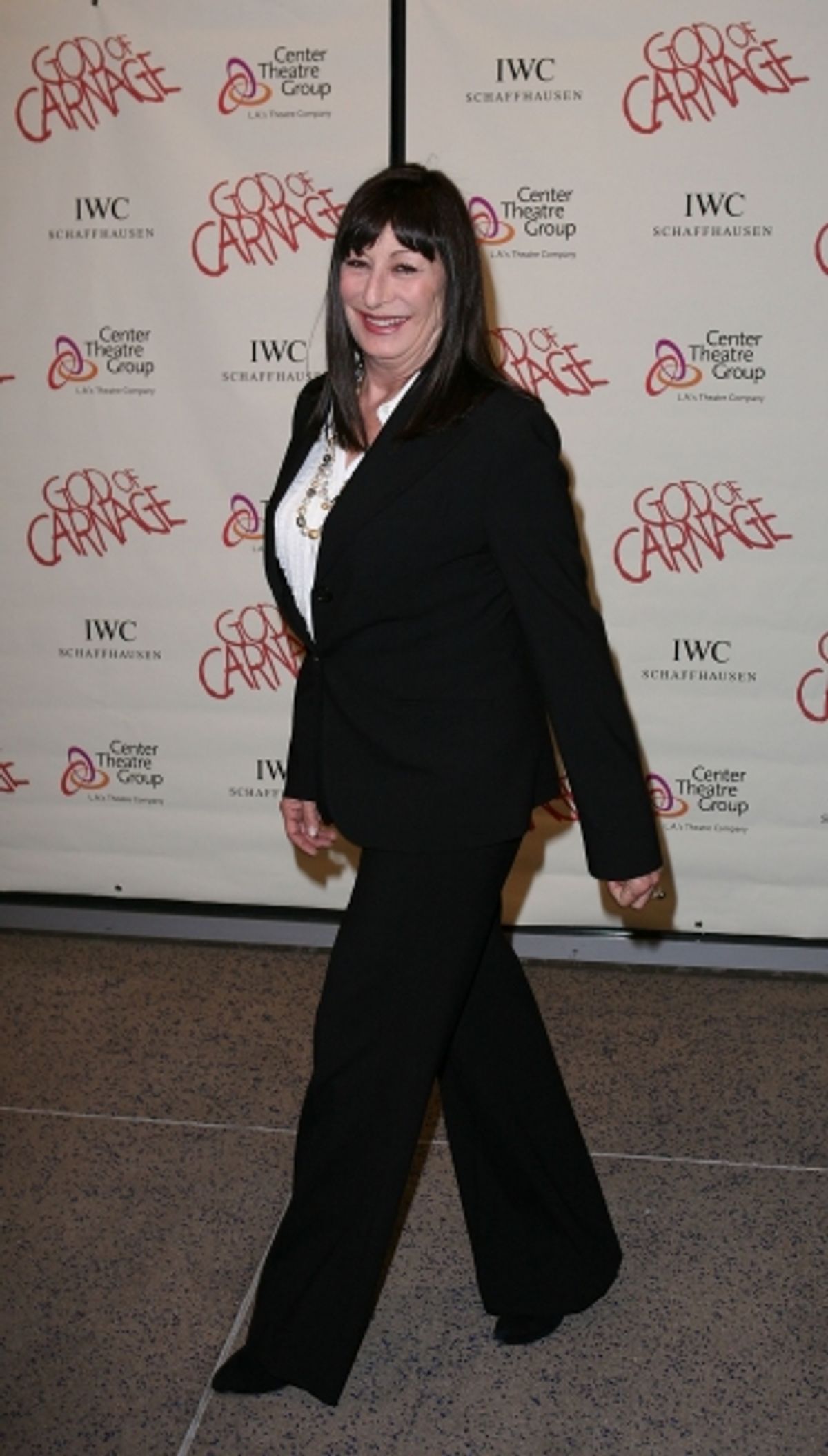 LOS ANGELES, CA - APRIL 13: Anjelica Huston poses during the arrivals for the opening night performance of 'God of Carnage' at Center Theatre Group's Ahmanson Theatre on April 13, 2011 in Los Angeles, California. (Photo by Ryan Miller/Capture Imag at 
