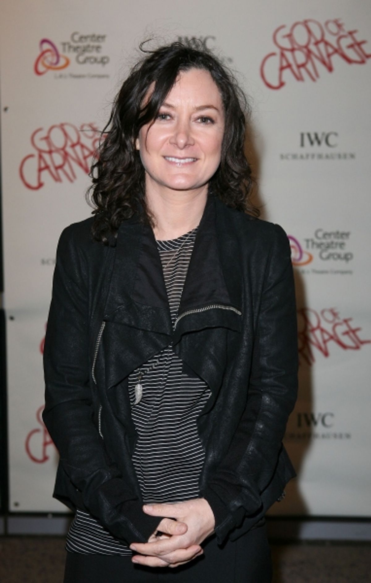 LOS ANGELES, CA - APRIL 13: Sara Gilbert poses during the arrivals for the opening night performance of 'God of Carnage' at Center Theatre Group's Ahmanson Theatre on April 13, 2011 in Los Angeles, California. (Photo by Ryan Miller/Capture Imaging at 