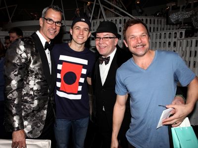 Jerry Mitchell & Aaron Tveit & Jack O'Brien & Norbert Leo Butz celebrating the Broadw Photo