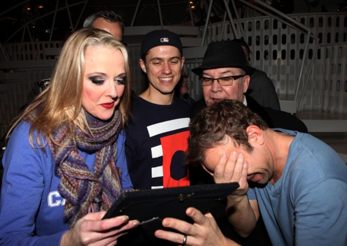 Angie Schworer, Jerry Mitchell, Aaron Tveitt & Jack O'Brien celebrating the Broadway Opening Night Gypsy Robe Ceremony for Recipient Jennifer Frankel of 'Catch Me If You Can' at the Neil Simon Theatre in New York City. at 