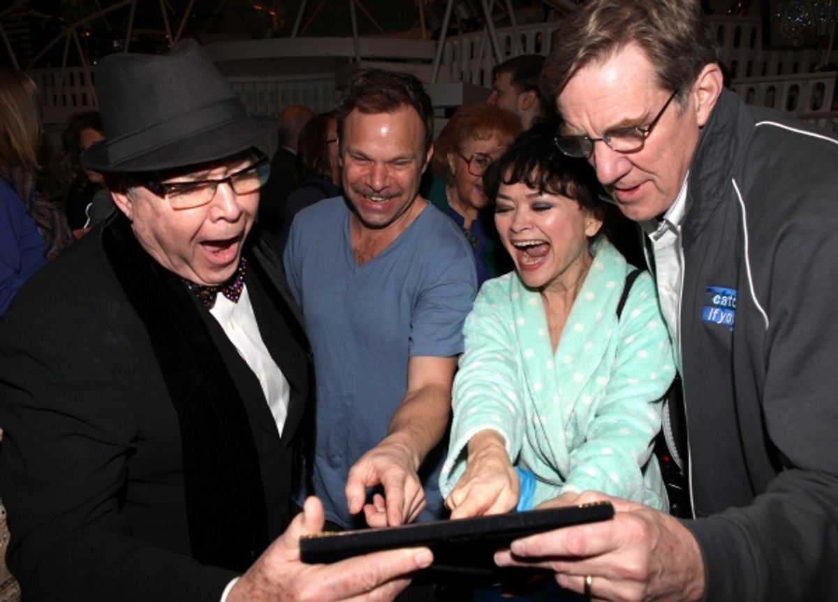 Jack O'Brien & Norbert Leo butz & Linda Hart & Nick Wyman celebrating the Broadway Opening Night Gypsy Robe Ceremony for Recipient Jennifer Frankel of 'Catch Me If You Can' at the Neil Simon Theatre in New York City. at 