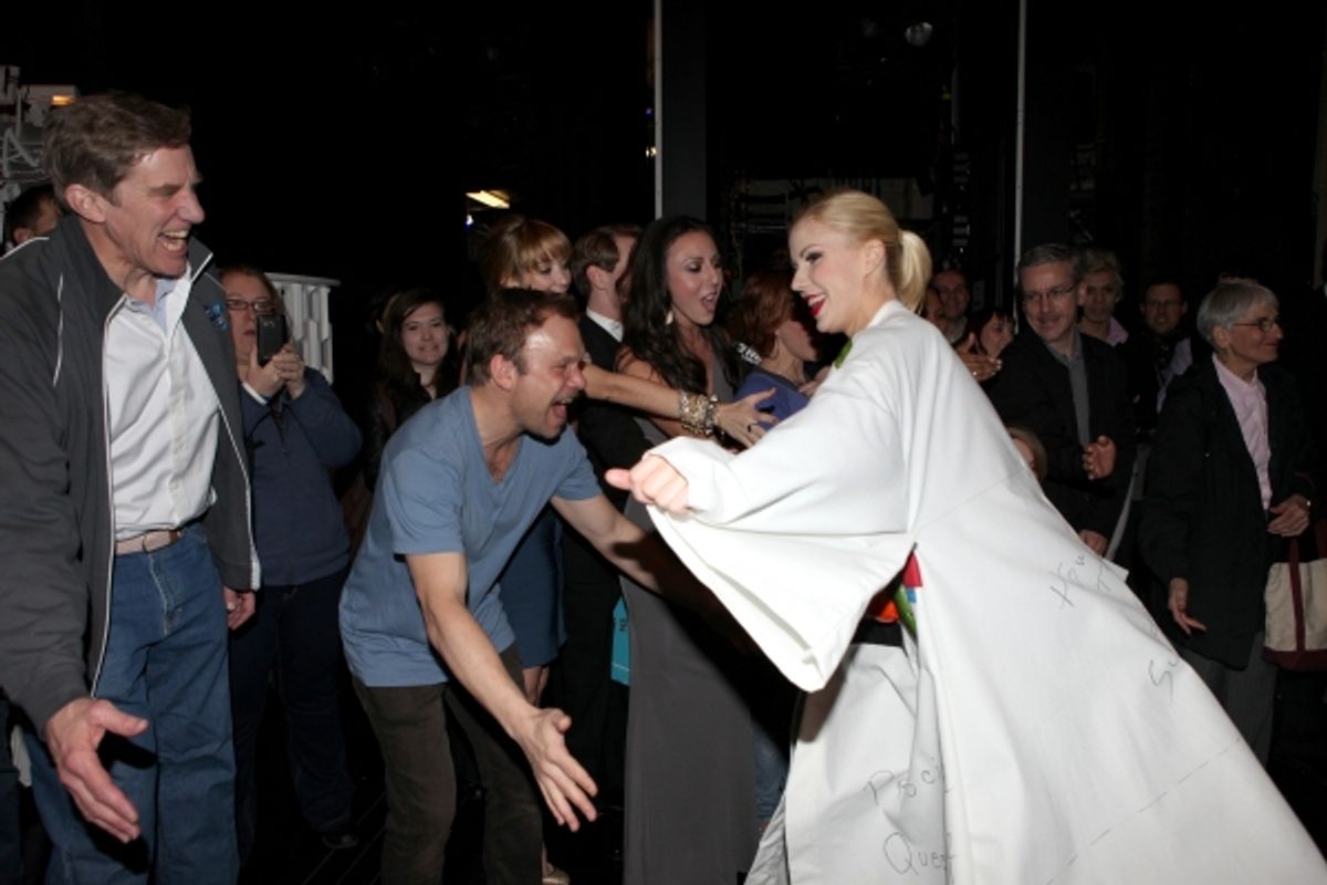 Jennifer Frankel with Nick Wyman & Norbert Leo Butz celebrating the Broadway Opening Night Gypsy Robe Ceremony for Recipient Jennifer Frankel of 'Catch Me If You Can' at the Neil Simon Theatre in New York City. at 