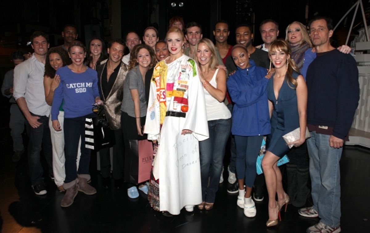 Jennifer Frankel with thje ensemble cast celebrating the Broadway Opening Night Gypsy Robe Ceremony for Recipient Jennifer Frankel of 'Catch Me If You Can' at the Neil Simon Theatre in New York City. at 