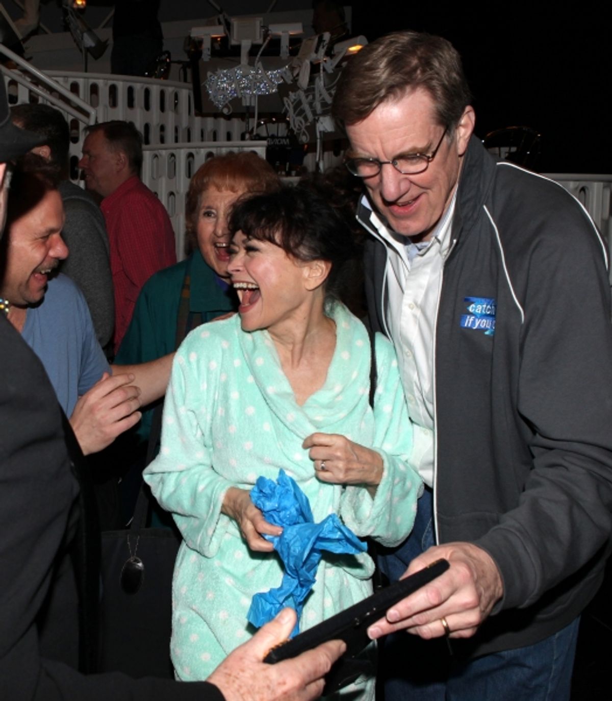 Norbert Leo Butz & Linda Hart & Nick Wyman celebrating the Broadway Opening Night Gypsy Robe Ceremony for Recipient Jennifer Frankel of 'Catch Me If You Can' at the Neil Simon Theatre in New York City.
 at 