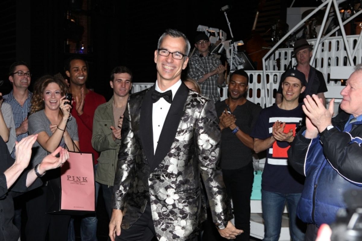 Jerry Mitchell & ensemble cast celebrating the Broadway Opening Night Gypsy Robe Ceremony for Recipient Jennifer Frankel of 'Catch Me If You Can' at the Neil Simon Theatre in New York City. at 