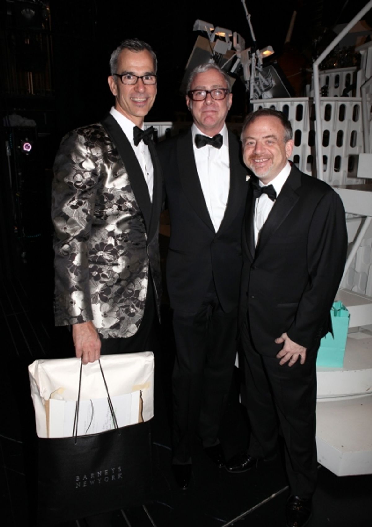 Jerry Mitchell, Scott Wittman & Marc Shaiman celebrating the Broadway Opening Night Gypsy Robe Ceremony for Recipient Jennifer Frankel of 'Catch Me If You Can' at the Neil Simon Theatre in New York City. at 