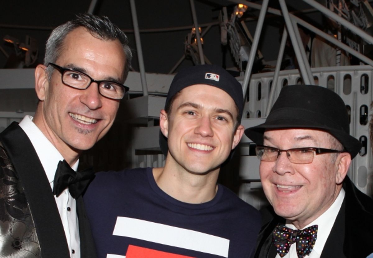 Jerry Mitchell & Aaron Tveit & Jack O'Brien celebrating the Broadway Opening Night Gypsy Robe Ceremony for Recipient Jennifer Frankel of 'Catch Me If You Can' at the Neil Simon Theatre in New York City. at 