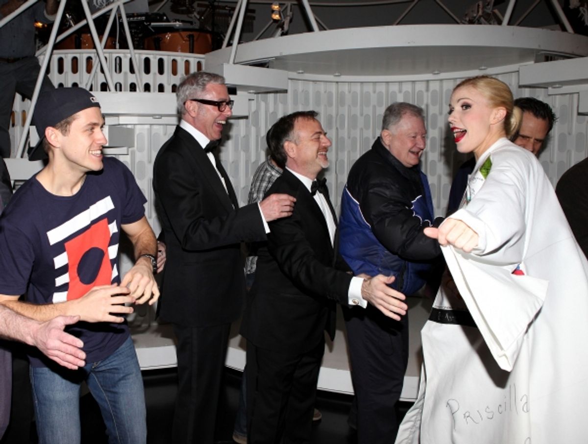 Jennifer Frankel with Aaron Tveit, Scott Wittman, Marc Shaiman, Harvey Evans celebrating the Broadway Opening Night Gypsy Robe Ceremony for Recipient Jennifer Frankel of 'Catch Me If You Can' at the Neil Simon Theatre in New York City. at 