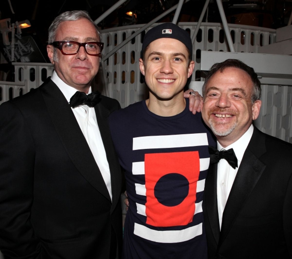 Scott Wittman & Aaron Tveit & Marc Shaiman celebrating the Broadway Opening Night Gypsy Robe Ceremony for Recipient Jennifer Frankel of 'Catch Me If You Can' at the Neil Simon Theatre in New York City. at 