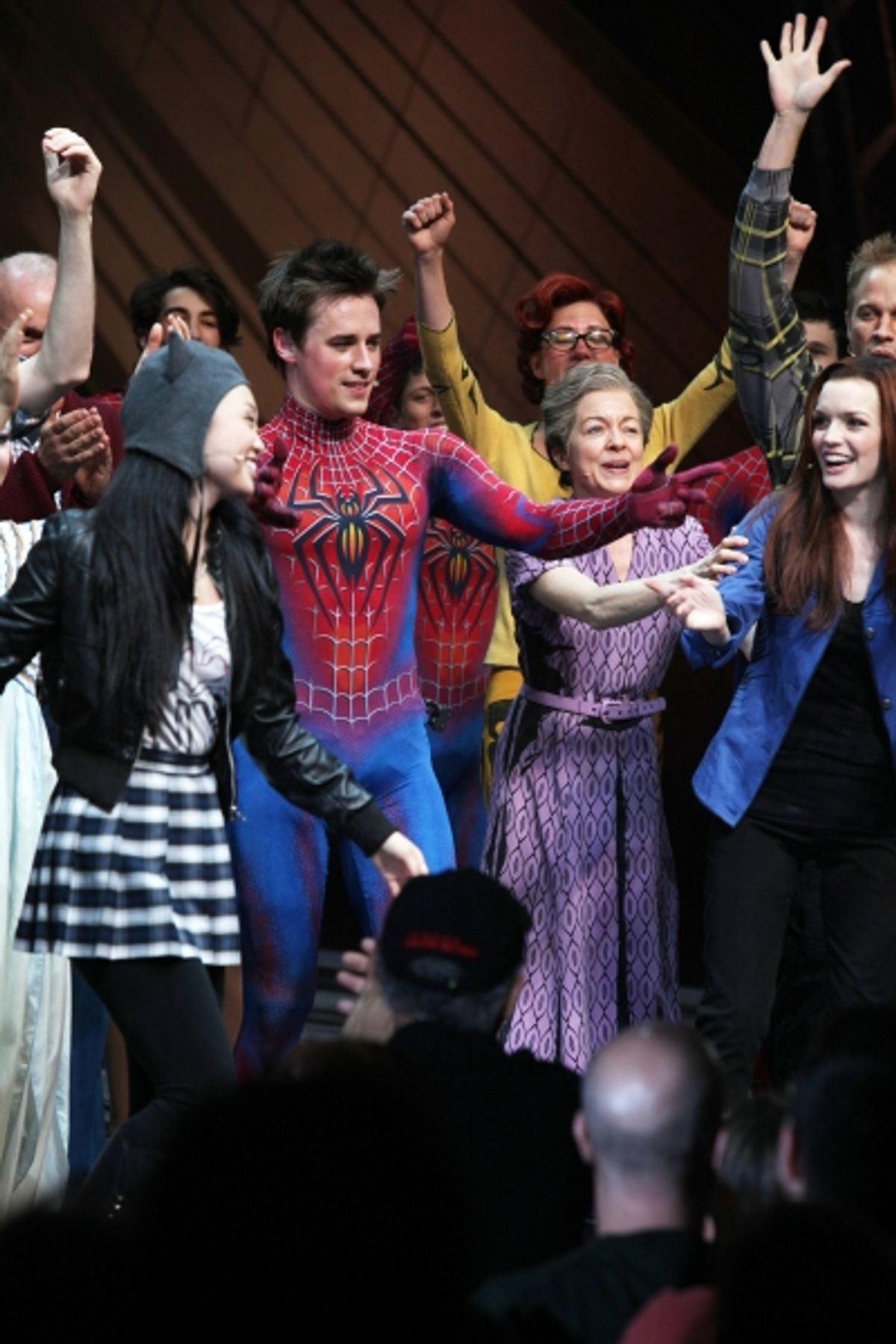 T.V. Carpio, Reeve Carney, Isabel Keating, Jennifer Damiano during the Final Curtain Call Bow for the Original Version of 'Spider-Man Turn Off The Dark'. The show takes a brief Hiatus before the New Version Debuts on5/12/2011 in New York City. at 