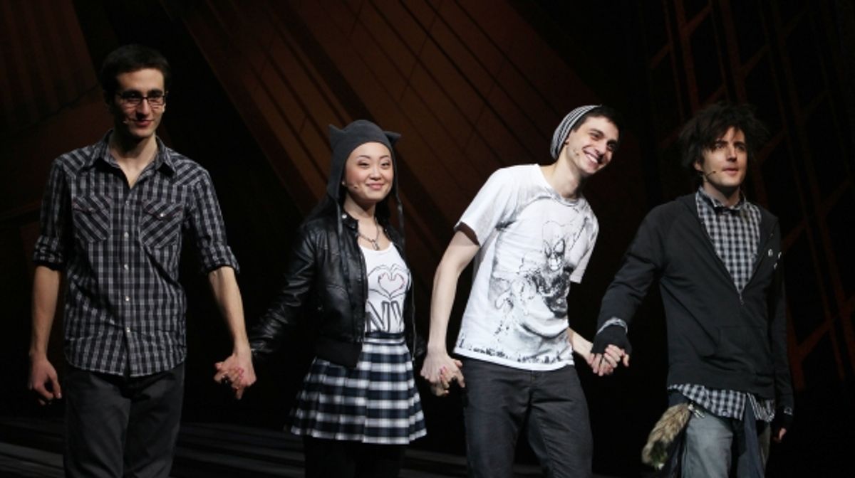 Geek Chorus: Jonathan Schwartz, Alice Lee, Gideon Glick & Matt Devine during the Final Curtain Call Bow for the Original Version of 'Spider-Man Turn Off The Dark'. The show takes a brief Hiatus before the New Version Debuts on5/12/2011 in New York City. at 