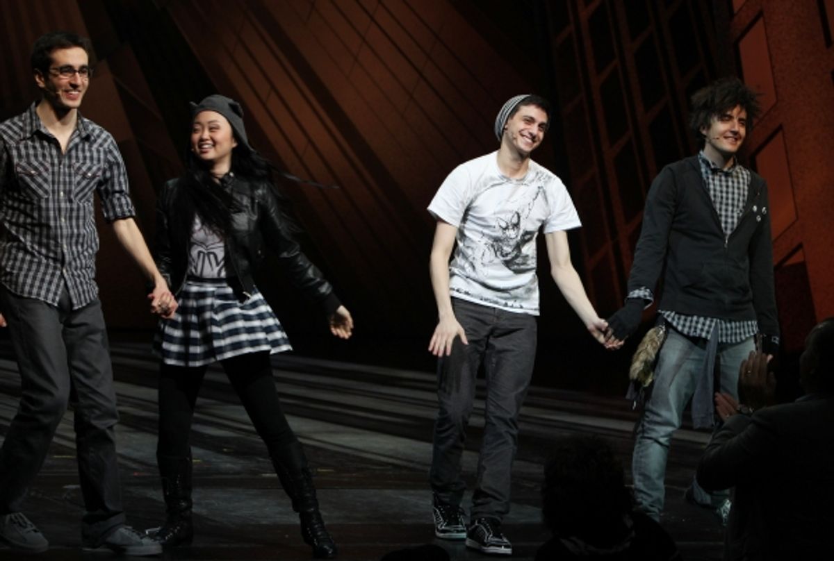 Geek Chorus: Jonathan Schwartz, Alice Lee, Gideon Glick & Matt Devine during the Final Curtain Call Bow for the Original Version of 'Spider-Man Turn Off The Dark'. The show takes a brief Hiatus before the New Version Debuts on5/12/2011 in New York City. at 