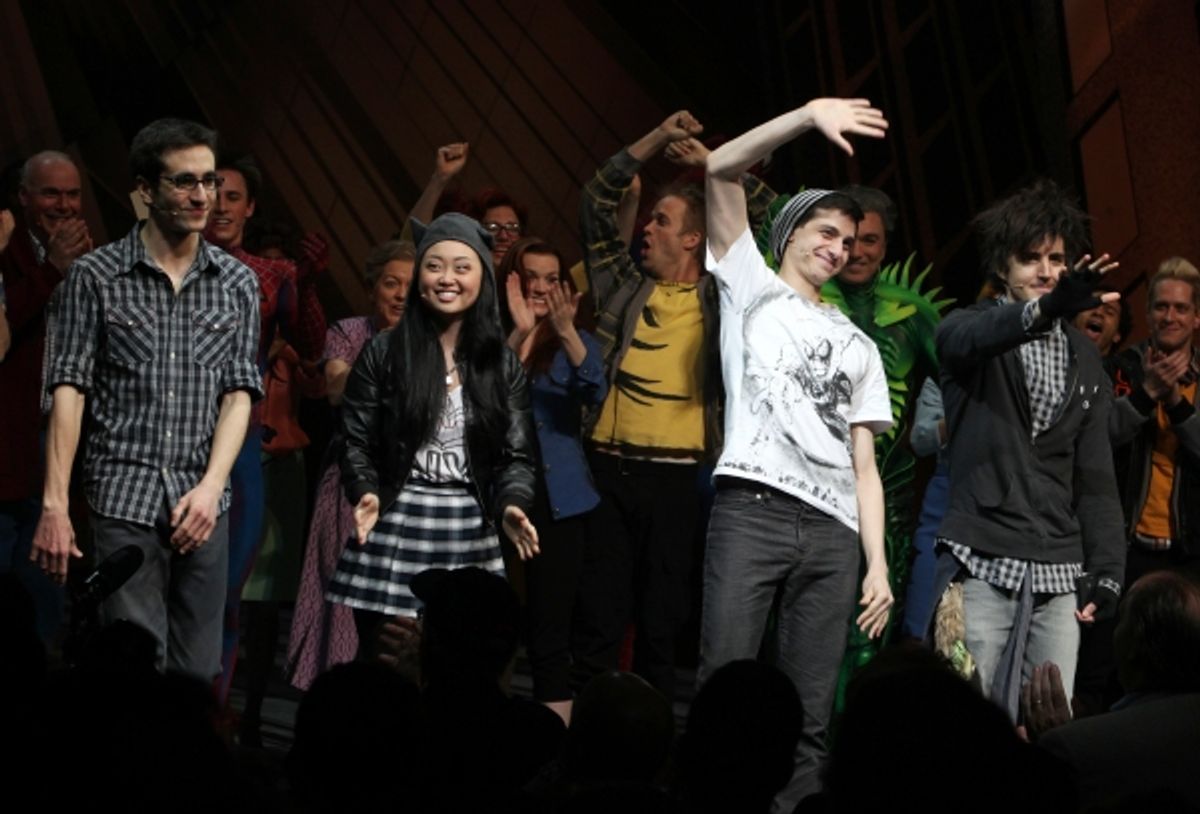Geek Chorus: Jonathan Schwartz, Alice Lee, Gideon Glick & Matt Devine during the Final Curtain Call Bow for the Original Version of 'Spider-Man Turn Off The Dark'. The show takes a brief Hiatus before the New Version Debuts on5/12/2011 in New York City. at 
