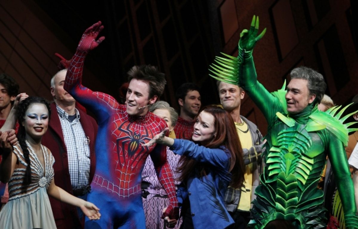 Ensemble featuring: T.V. Carpio, Ken Marks, Reeve Carney, Jennifer Damiano, Patrick Page during the Final Curtain Call Bow for the Original Version of 'Spider-Man Turn Off The Dark'. The show takes a brief Hiatus before the New Version Debuts on5/12/2011  at 