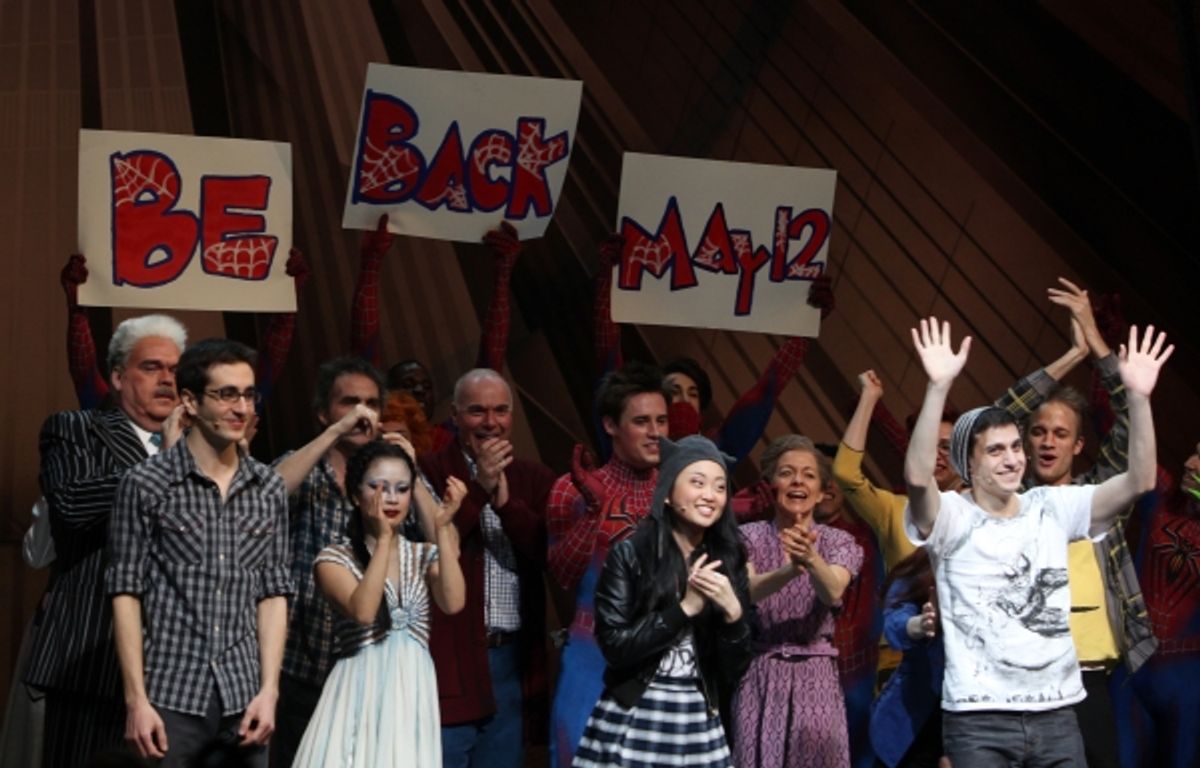 Ensemble with: Michael Mulgeren, Jonathan Schwartz, Jeb Brown, T.V. Carpio, Ken Marks, Reeve Carney, Alice Lee, Isabel Keating, Jennifer Damiano & Gideon Glick during the Final Curtain Call Bow for the Original Version of 'Spider-Man Turn Off The Dark'. T at 