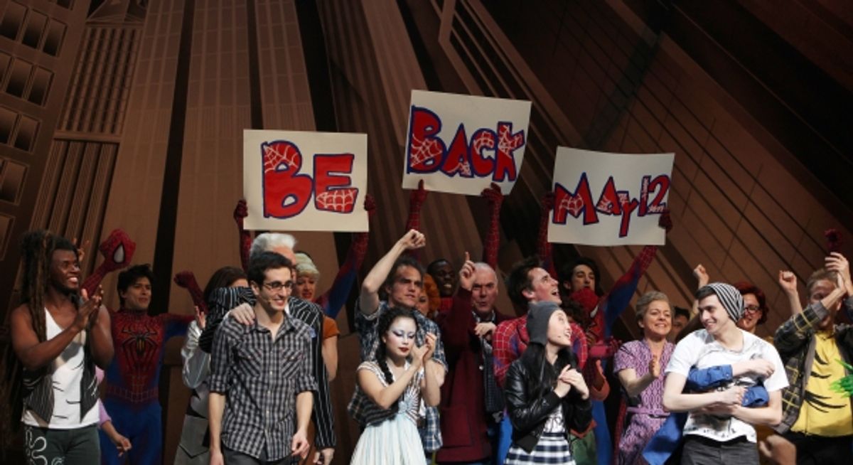 Ensemble with: Michael Mulgeren, Jonathan Schwartz, Jeb Brown, T.V. Carpio, Ken Marks, Reeve Carney, Alice Lee, Isabel Keating, Jennifer Damiano & Gideon Glick during the Final Curtain Call Bow for the Original Version of 'Spider-Man Turn Off The Dark'. T at 