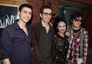 The Geeks: Gideon Glick, Jonathan Schwartz, T.V. Carpio & Mat Devine meeting the Press after the Final Curtain Call Bow for the Original Version of 'Spider-Man Turn Off The Dark'. in New York City. @ BroadwayWorld The Geeks: Gideon Glick, Jonathan Schwartz, T.V. Carpio & Mat Devine meeting the Pres Photo