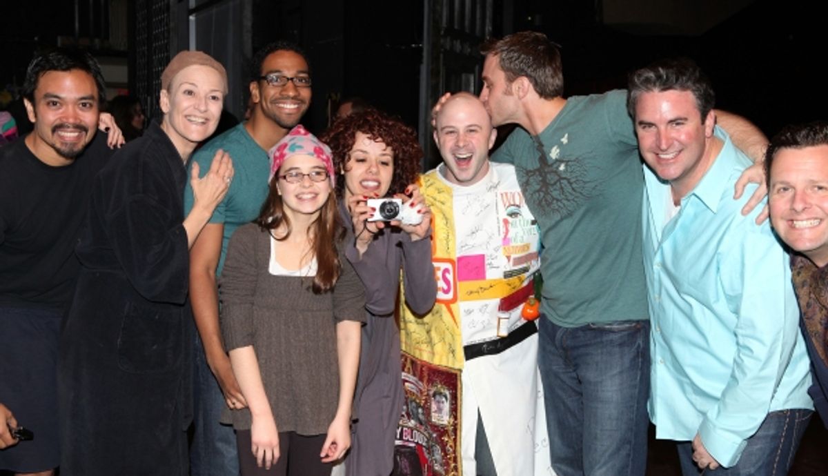 Grady McLeod Bowman with  Jose Llana, Karen Mason, E. Clayton Cornelious, Carly Rose Sonenclar, Janet Dacal, Darren Ritchie,  Danny Stiles & Edward Staudenmayer attending the 'Wonderland' Opening Night Gypsy Robe Ceremony Celebrating Recipient Grady McLeo at 