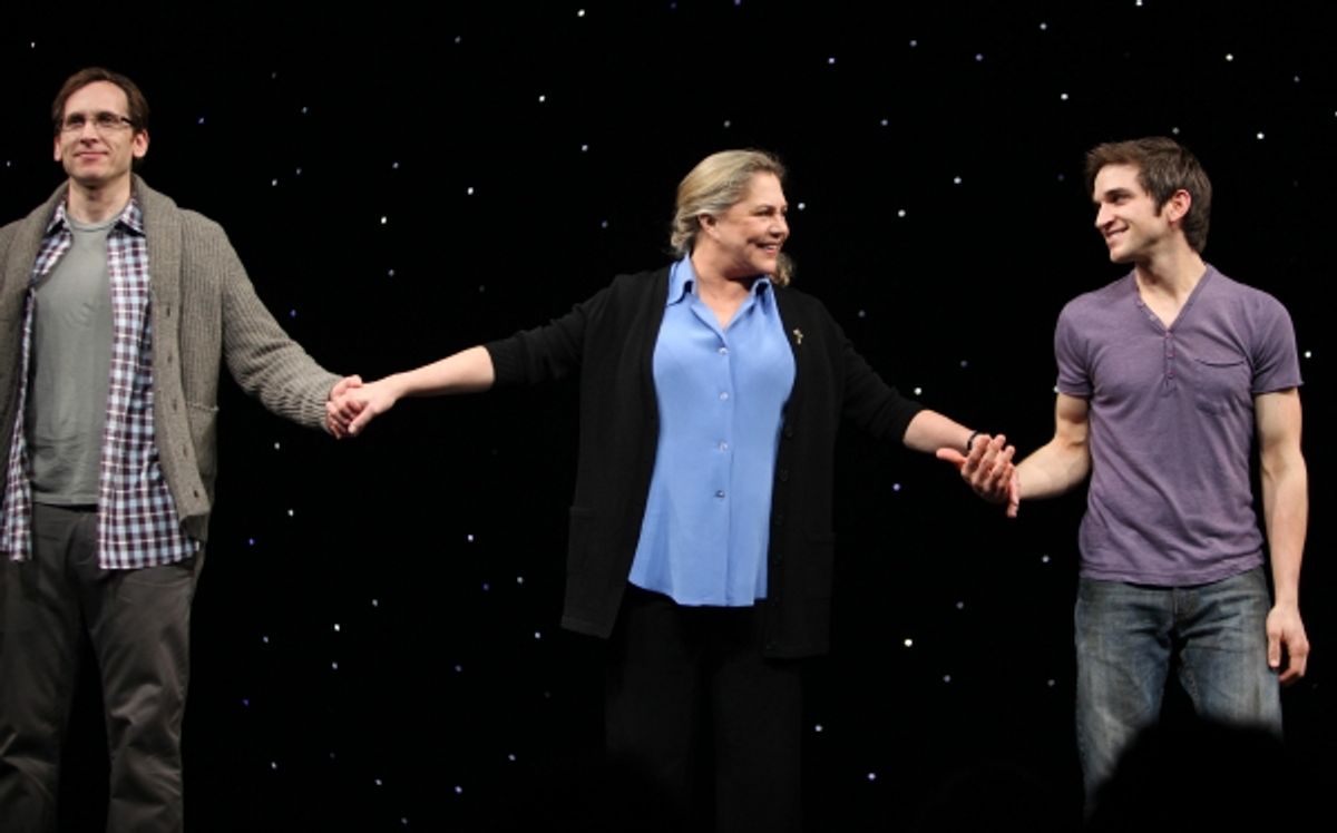 Stephen Kunken & Kathleen Turner & Evan Jonigeit attending the Broadway Opening Night Performance Curtain Call for 'High' in New York City. at 