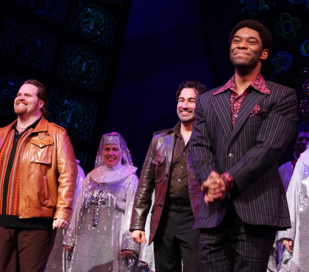 John Tracy Egan, Caesar Samayoa & Demond Green during  the Broadway Opening Night Curtain Call for 'Sister Act' in New York City. at 