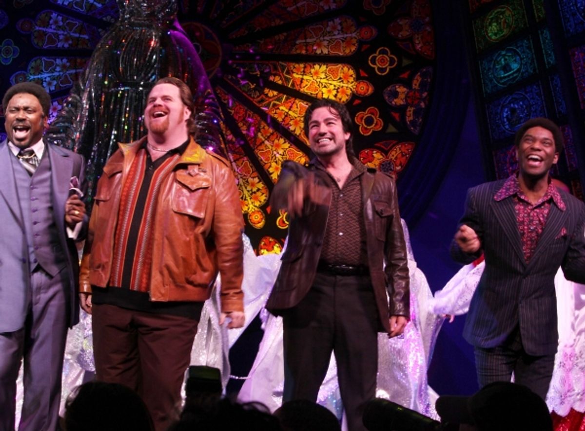 Kingsley Leggs, John Treacy Egan, Caesar Samayoa & Demond Green during  the Broadway Opening Night Curtain Call for 'Sister Act' in New York City. at 
