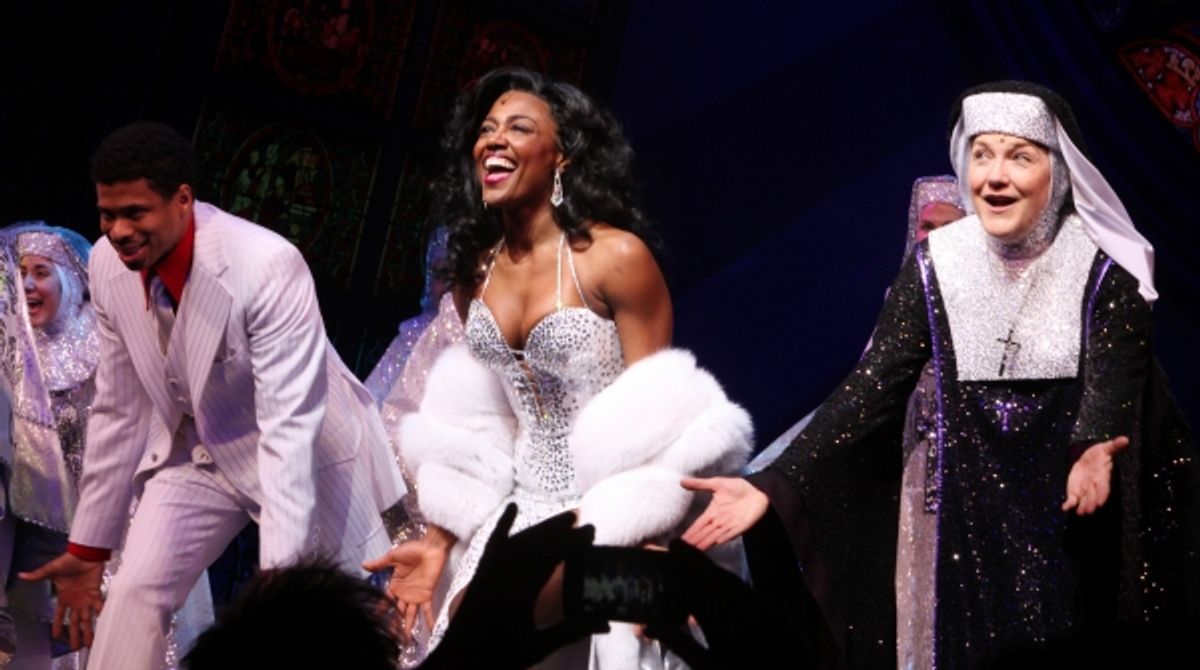 Chester Gregory & Patina Miller & Victoria Clark during  the Broadway Opening Night Curtain Call for 'Sister Act' in New York City. at 