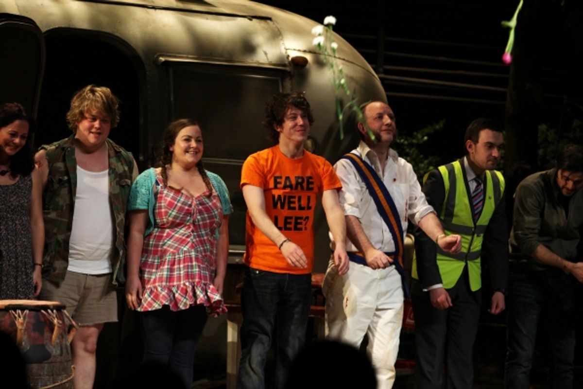 Geraldine Hughes, Danny Kirrane, Charlotte Mills, John Gallagher Jr., Max Baker, Richard Short during  the Broadway Opening Night Curtain Call for 'Jerusalem' in New York City. at 