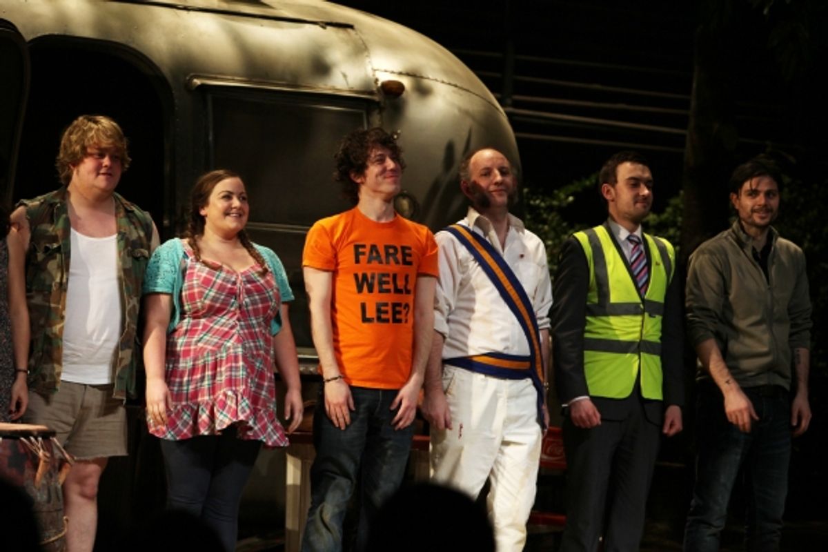 Danny Kirrane, Charlotte Mills, John Gallagher Jr., Max Baker, Harvey Robinson, Richard Short during  the Broadway Opening Night Curtain Call for 'Jerusalem' in New York City. at 