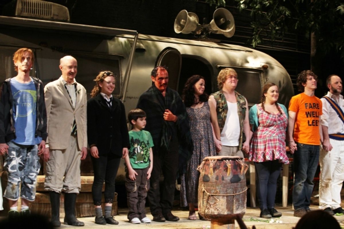 Mackenzie Crook, Alan David, Molly Ranson, Mark Page, Mark Rylance, Geraldine Hughes, Danny Kirrane, Charlotte Mills, John Gallagher, Max Baker during  the Broadway Opening Night Curtain Call for 'Jerusalem' in New York City. at 