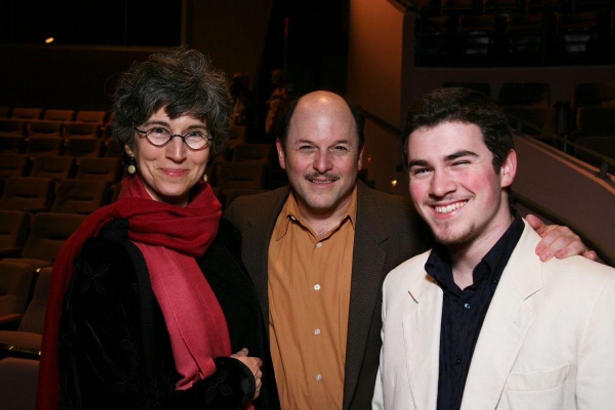 NORTH HOLLYWOOD, CA - APRIL 23: Cast member cast member Jason Alexander (L) with wife Daena E. Title (L) and son Noah Greenspan (Middle) pose during the party for the opening night performance of 'The Prisoner of Second Avenue' at the El Portal Theatre on at 