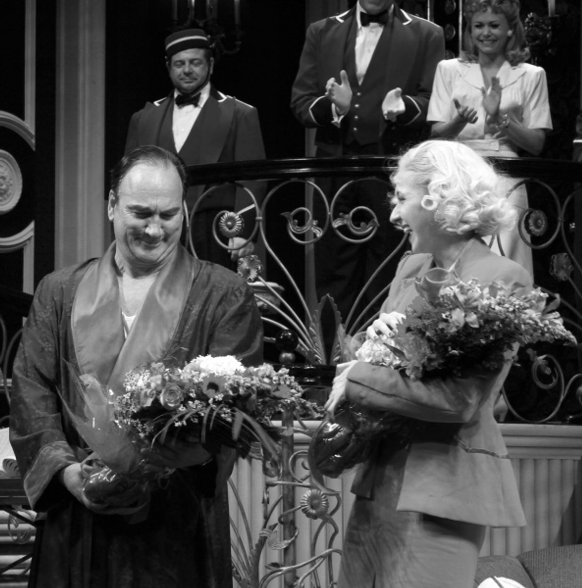 Jim Belushi & Nina Arianda during the Broadway Opening Night Performance Curtain Call for 'Born Yesterday' in New York City. at 
