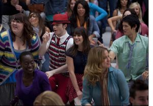 GLEE: Lauren (Ashley Fink, L), Kurt (Chris Colfer, second from L) and Mike (Harry Shum, R) perform for Rachel (Leah Michele, third from L) in the super-sized 90 minute "Born This Way" episode of GLEE airing Tuesday, April 26 (8:00-9:30 PM ET/P @ BroadwayWorld GLEE: Lauren (Ashley Fink, L), Kurt (Chris Colfer, second from L) and Mike (Harry Sh Photo
