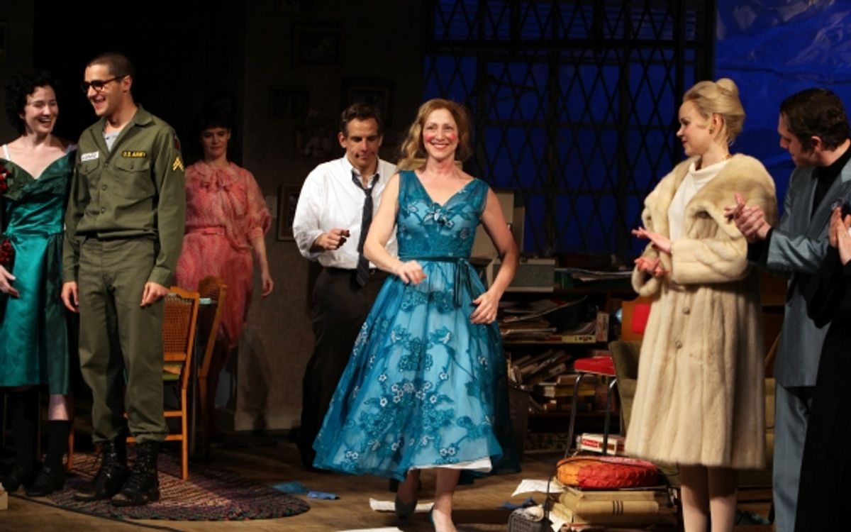 Jennifer Jason Leigh & Ben Stiller & Edie Falco with ensemble during the Broadway Opening Night Curtain Call for The House Of Blue Leaves' in New York City. at 