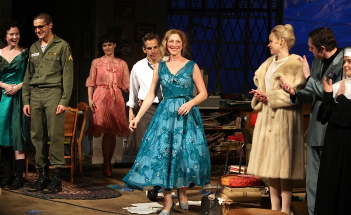 Mary Beth Hurt, Halley Feiffer, Christopher Abbott, Jennifer Jason Leigh, Ben Stiller, Edie Falco, Alison Pill & Thomas Sadoski during the Broadway Opening Night Curtain Call for The House Of Blue Leaves' in New York City. at 