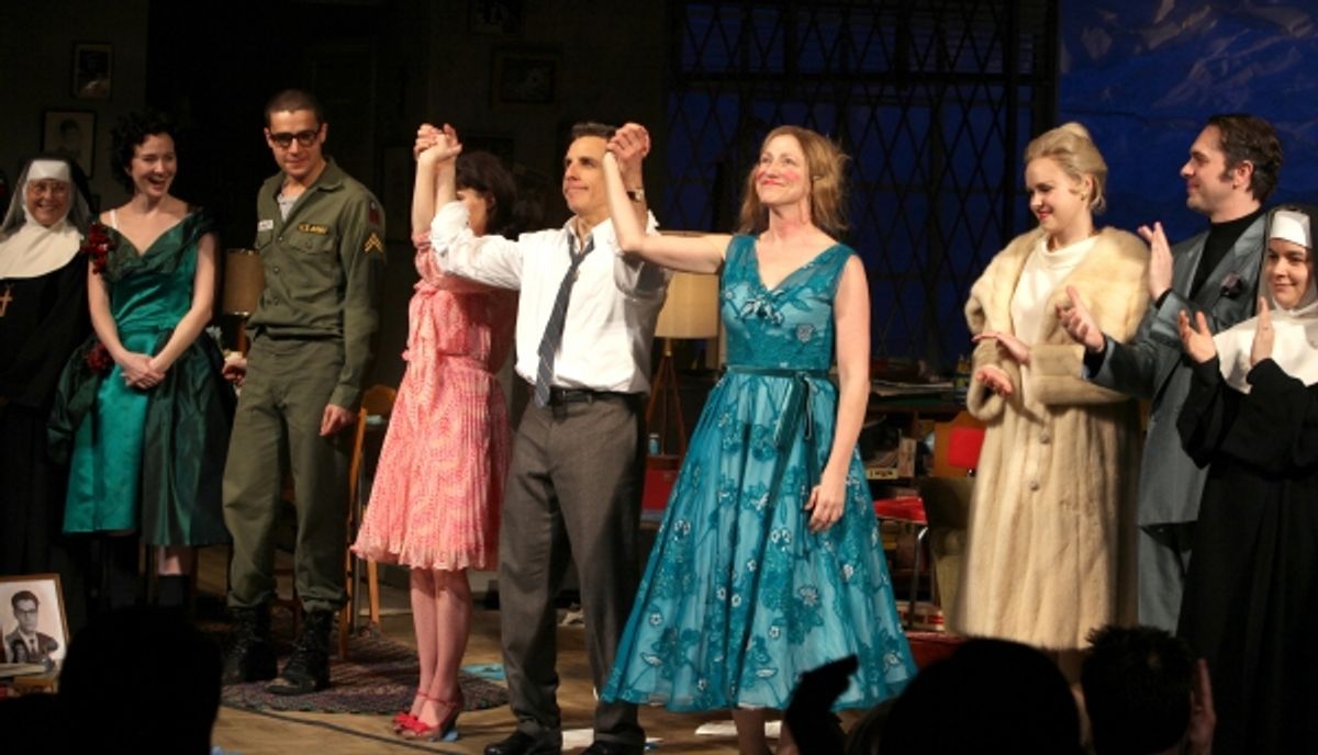 Mary Beth Hurt, Halley Feiffer, Christopher Abbott, Jennifer Jason Leigh, Ben Stiller, Edie Falco, Alison Pill & Thomas Sadoski during the Broadway Opening Night Curtain Call for The House Of Blue Leaves' in New York City. at 