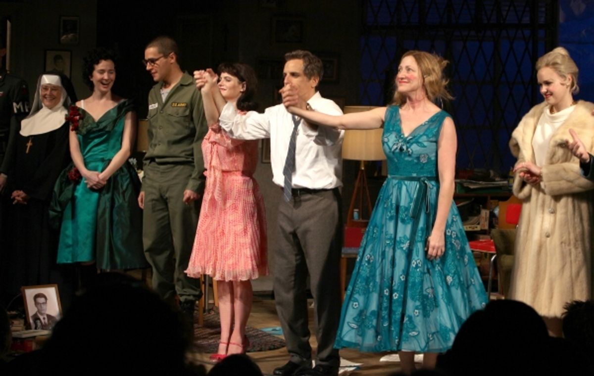 Mary Beth Hurt, Halley Feiffer, Christopher Abbott, Jennifer Jason Leigh, Ben Stiller, Edie Falco, Alison Pill & Thomas Sadoski during the Broadway Opening Night Curtain Call for The House Of Blue Leaves' in New York City. at 