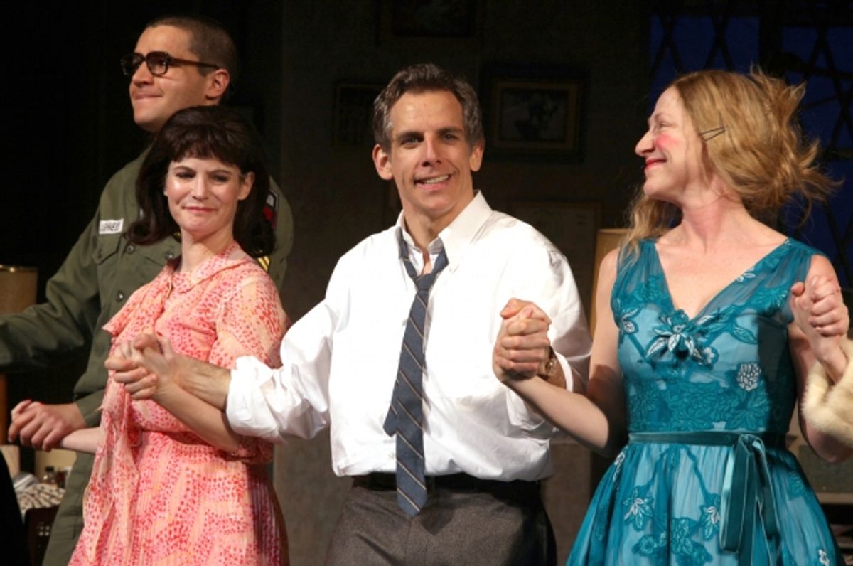 Christopher Abbott, Jennifer Jason Leigh, Ben Stiller, Edie Falco during the Broadway Opening Night Curtain Call for The House Of Blue Leaves' in New York City. at 